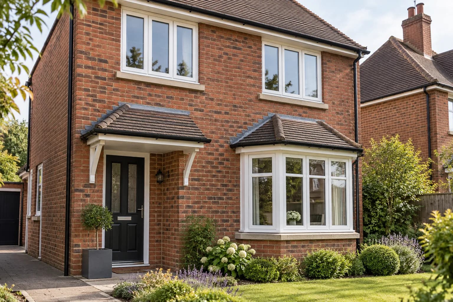 Design inspiration: a red-brick British-style home with white uPVC windows and a bay window